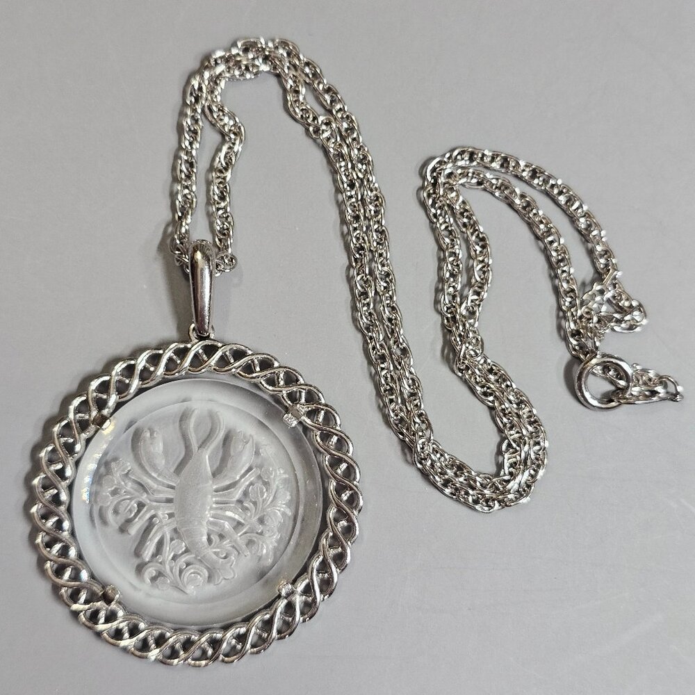 Crown Trifari Intaglio Cancer Crab Zodiac Necklace Statement Silvertone Vintage